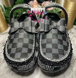 Checkered Fully Blinged Crocs with Bow